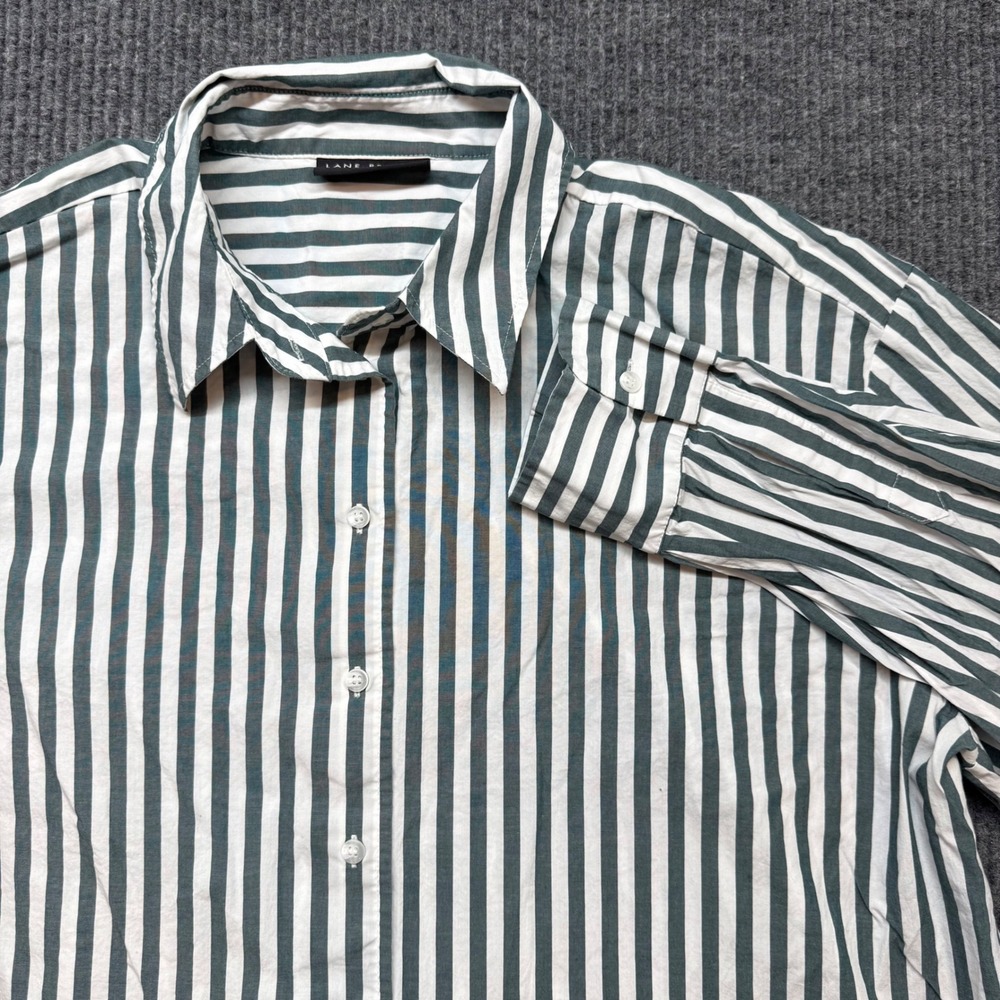 Lane Bryant Womens 22/24‎ Green White Striped Button Down Shirt Long Sleeve